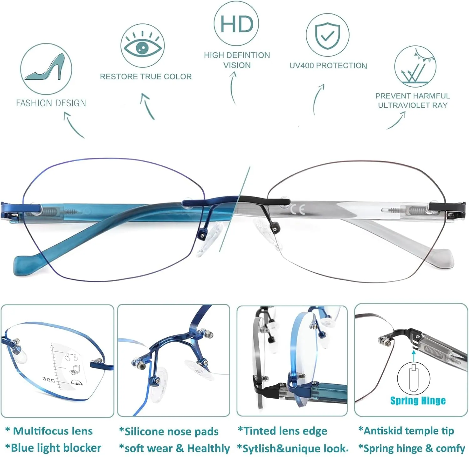 Multifocus Reading Glasses Women Progressive Multifocal No Line Bifocal Rimless Reader Blue Light Computer Eyeglasses