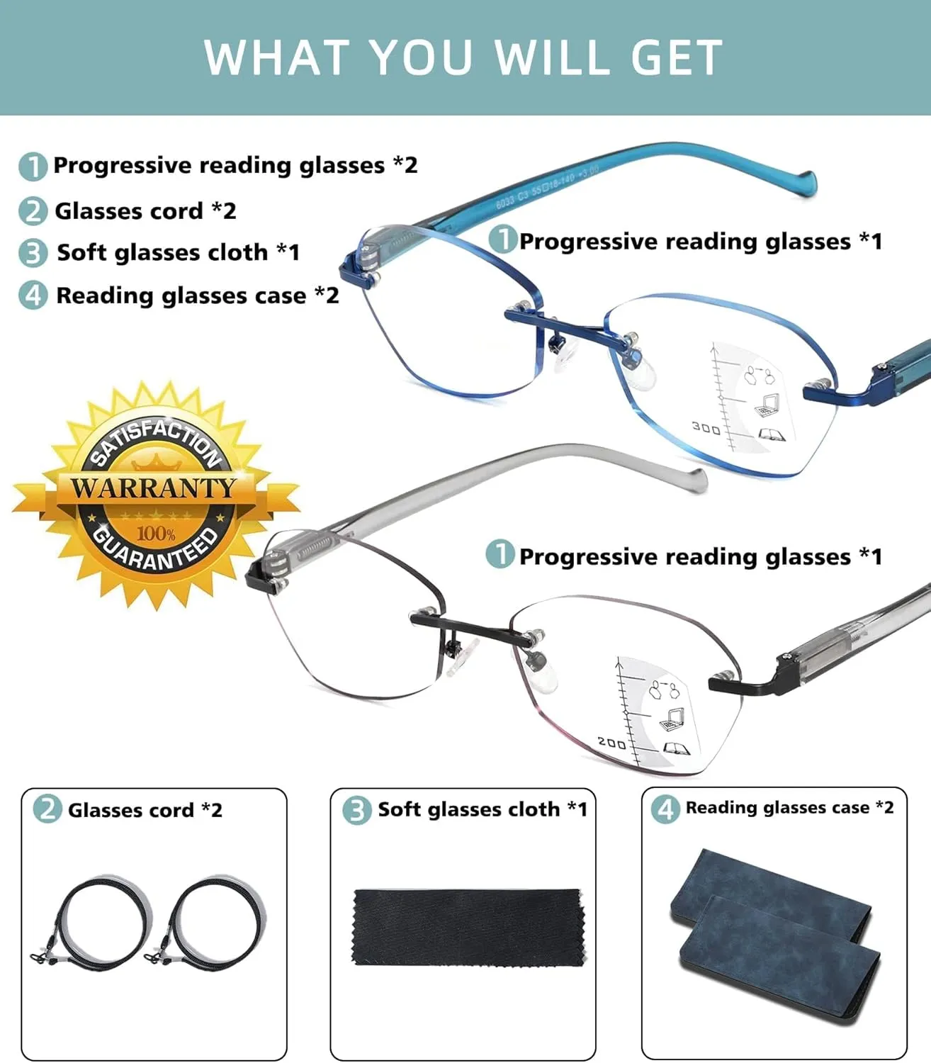 Multifocus Reading Glasses Women Progressive Multifocal No Line Bifocal Rimless Reader Blue Light Computer Eyeglasses