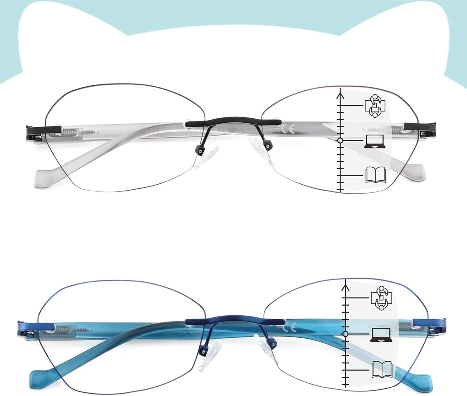 Multifocus Reading Glasses Women Progressive Multifocal No Line Bifocal Rimless Reader Blue Light Computer Eyeglasses