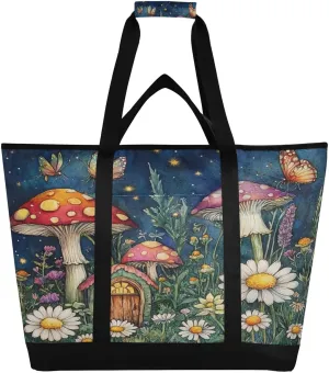 Mushroom Daisy Reusable Insulated Lunchbox Cooler Bag, Leakproof Kitchen Grocery Bag Collapsible Portable Cooler Tote Bag for Picnic, Camping, Office, Travel