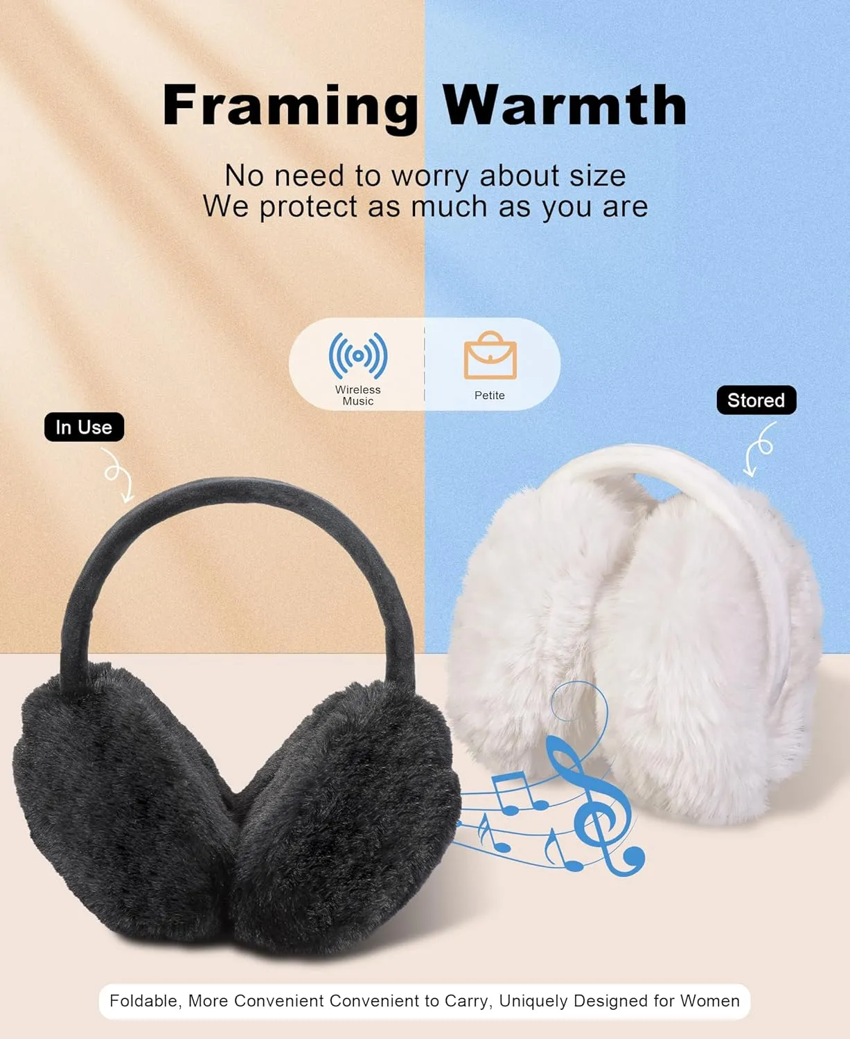 MUSICOZY Earmuffs Women's Winter Ear Warmers Muffs Soft 5.4 Bluetooth Muisc Earmuffs Covers for Jogging Skiing Skating Travelling Hiking Gifts_Black