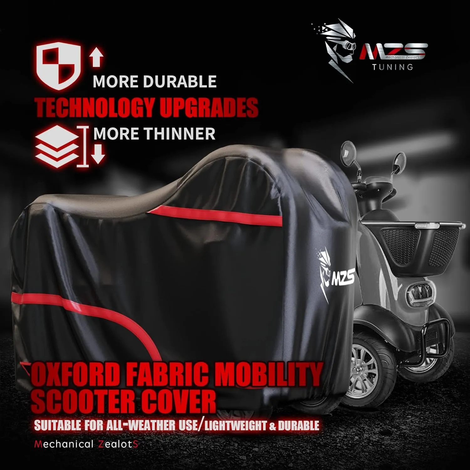 MZS Mobility Scooter Cover, Waterproof Outdoor Protection Electric Scooter Storage Cover Accessories fit up to 48 inch 3 or 4 Wheel Scooters - Vents Night Reflective Buckle Lock-Holes Bag