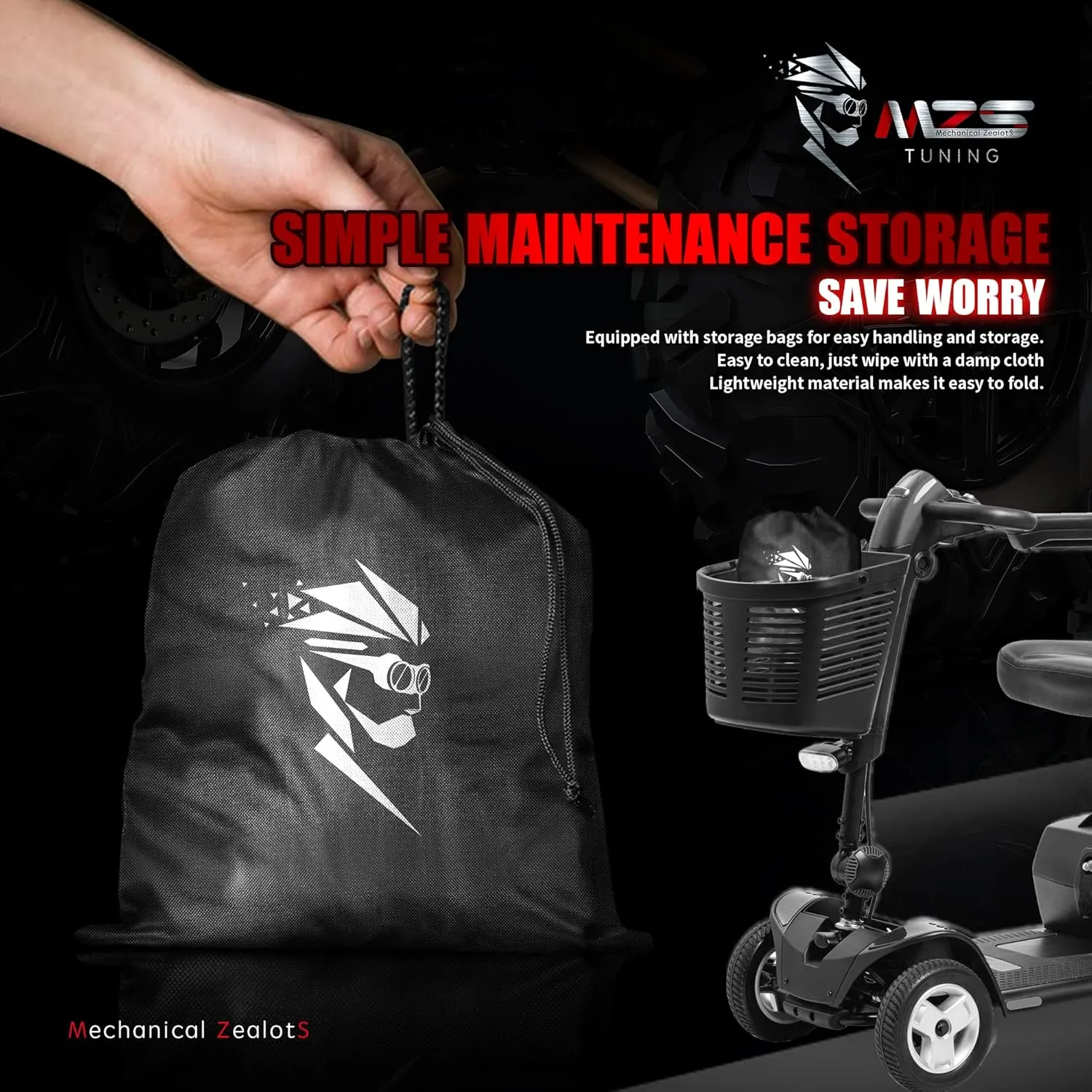 MZS Mobility Scooter Cover, Waterproof Outdoor Protection Electric Scooter Storage Cover Accessories fit up to 48 inch 3 or 4 Wheel Scooters - Vents Night Reflective Buckle Lock-Holes Bag