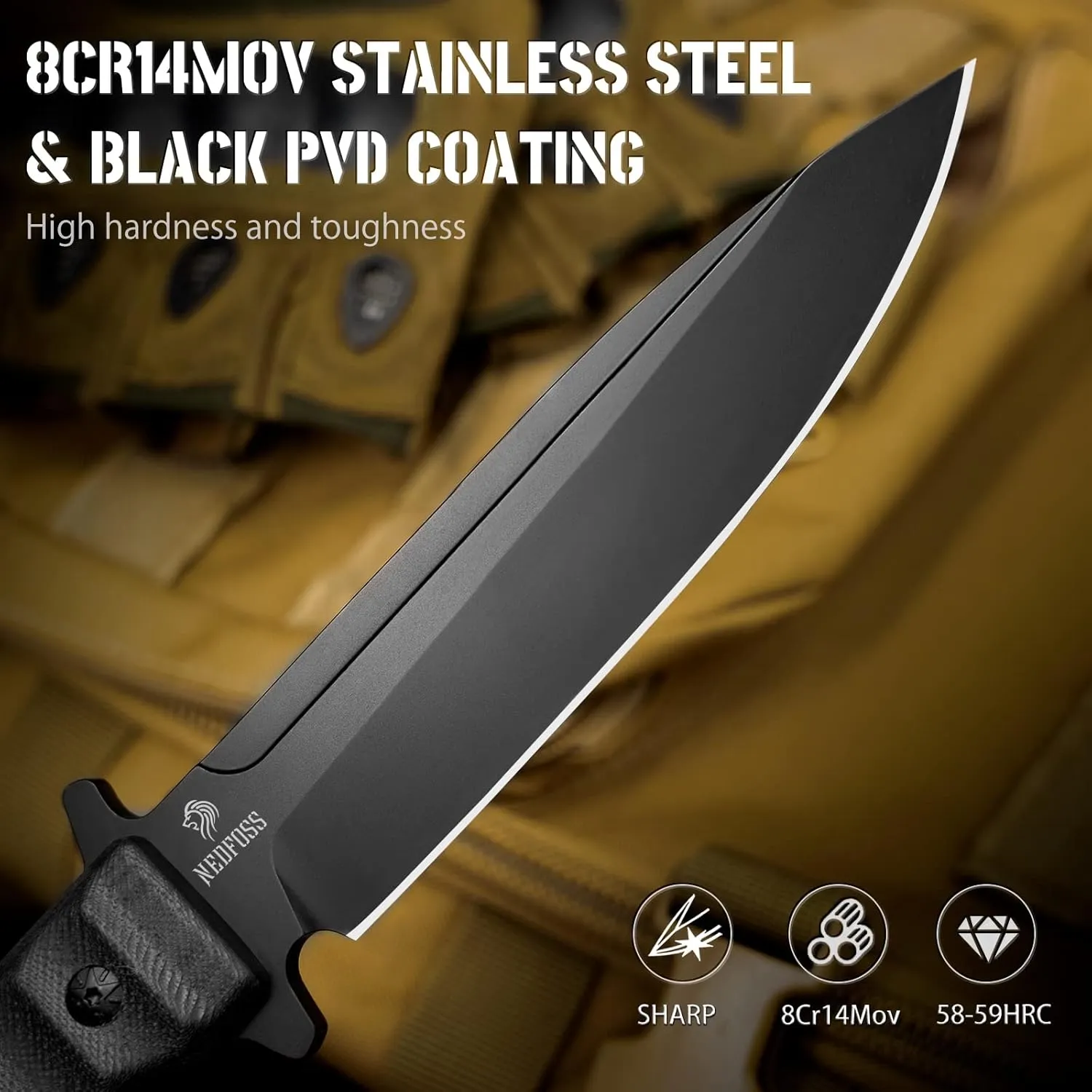 NedFoss BLACK PHOENIX Hunting Knife with Holster, 5.5" 8Cr14Mov Survival Fixed Blade Knife, G10 Handle, Bushcraft & Camping Gifts for Men