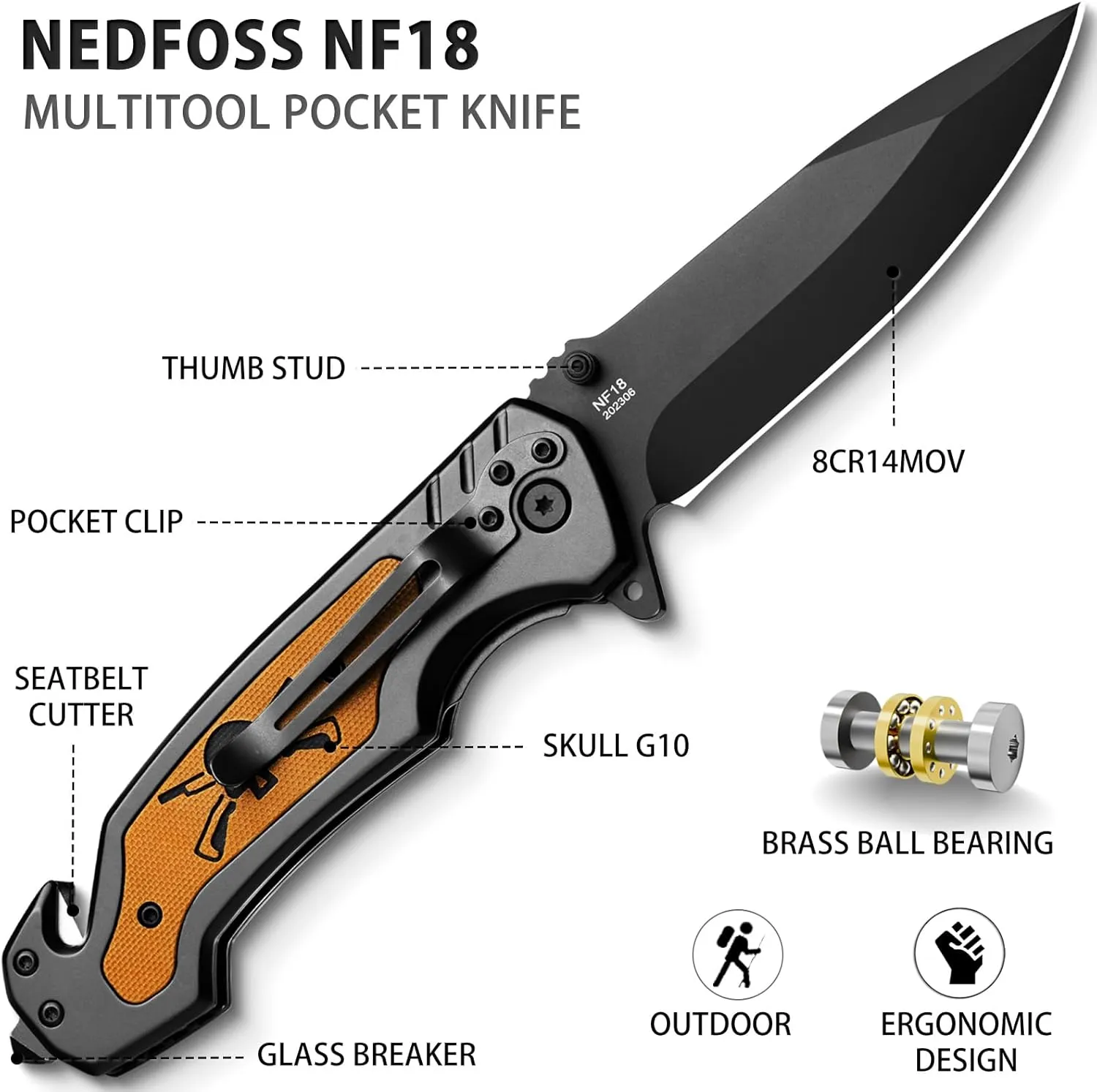 NedFoss Pocket Folding Knife NF18, 3 in 1 Pocket Knife for Men, Survival Knife with Liner-Lock Belt Clip, Seat Belt Cutter, Glass Breaker, Hunting knife for Camping Hiking