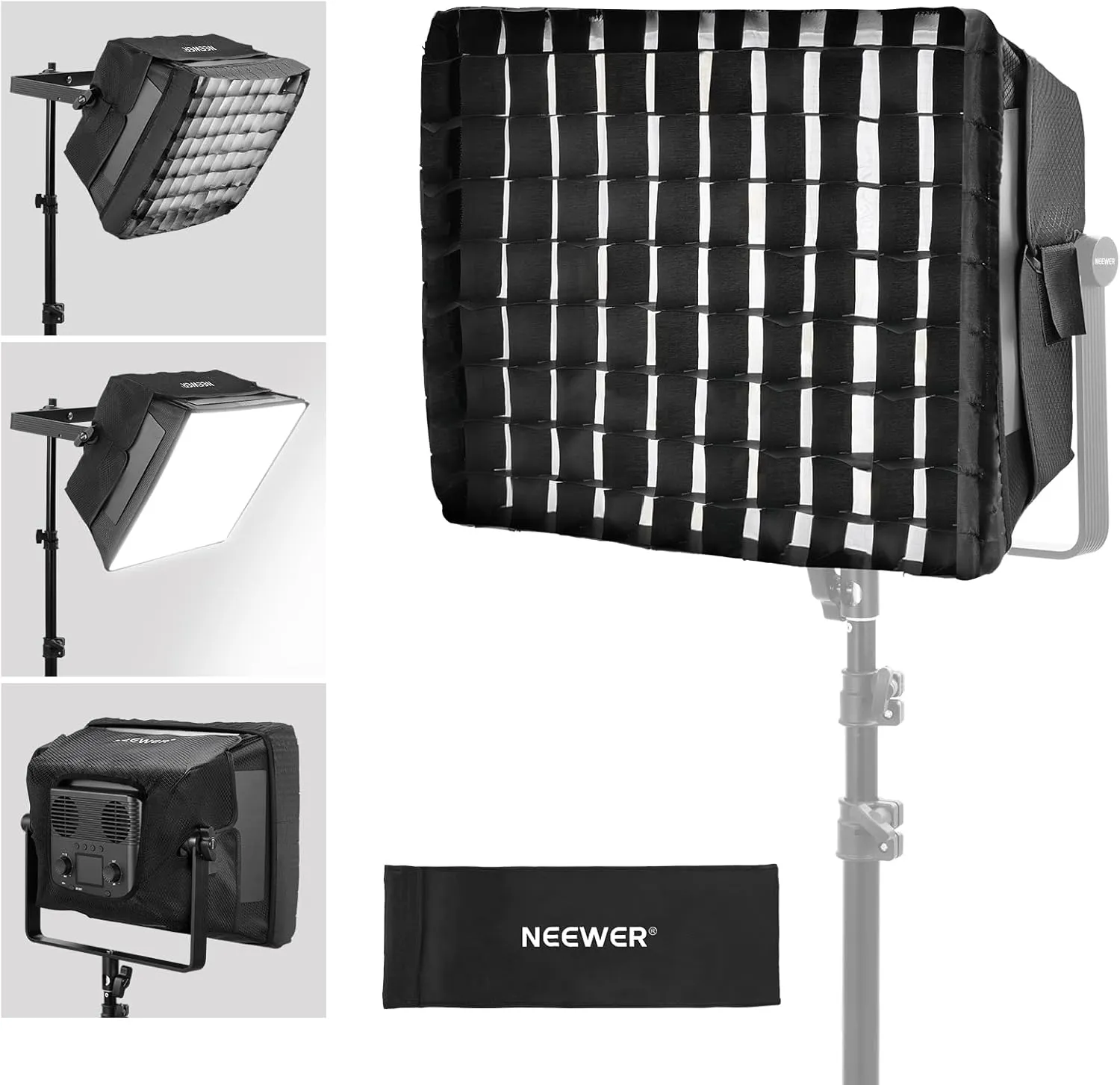NEEWER Upgraded Softbox Diffuser for PL60C RGB LED Video Light Panel, 15.4"x12.6"/39x32cm Foldable with Grid/Bag/Blackout Hood, No Need to Remove Barndoors Quick Set Up for Portrait Soft Light, NS6S
