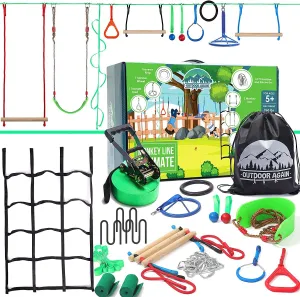 Ninja Warrior Obstacle Course for Kids – 2 x 65ft Slackline with 13 Obstacles, Weatherproof, Adjustable Difficulty, Safe Setup on Trees or Posts, Supports Up to 880lbs, Fun Outdoor Ninja Training