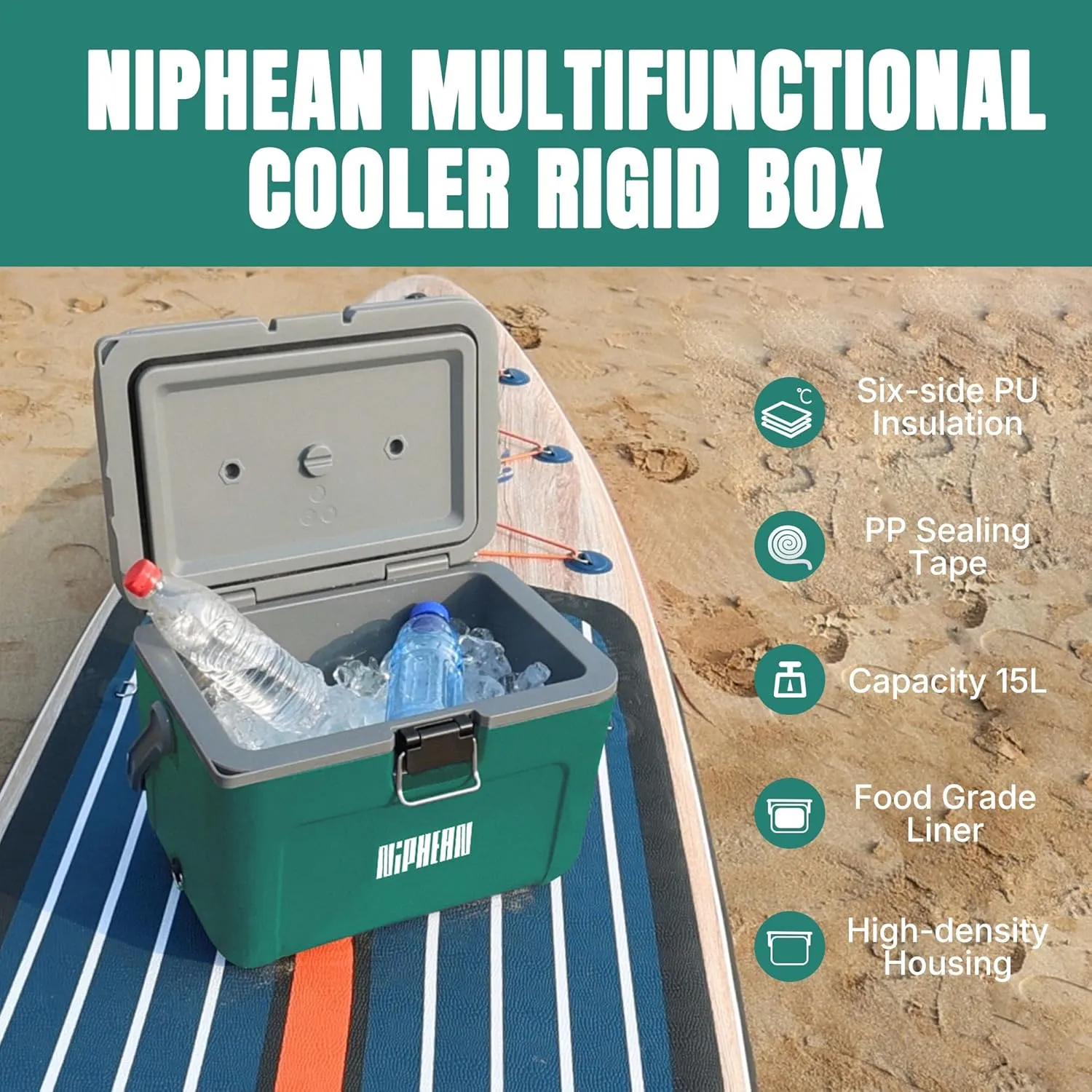 Niphean 4-Layer Insulated Paddle Board Cooler Box - 60 Hours Ice Retention, Convertible Seat on Paddle Board with D-Ring, 15-Liter Rigid Kayak Cooler for Camping, Beach, Kayaking