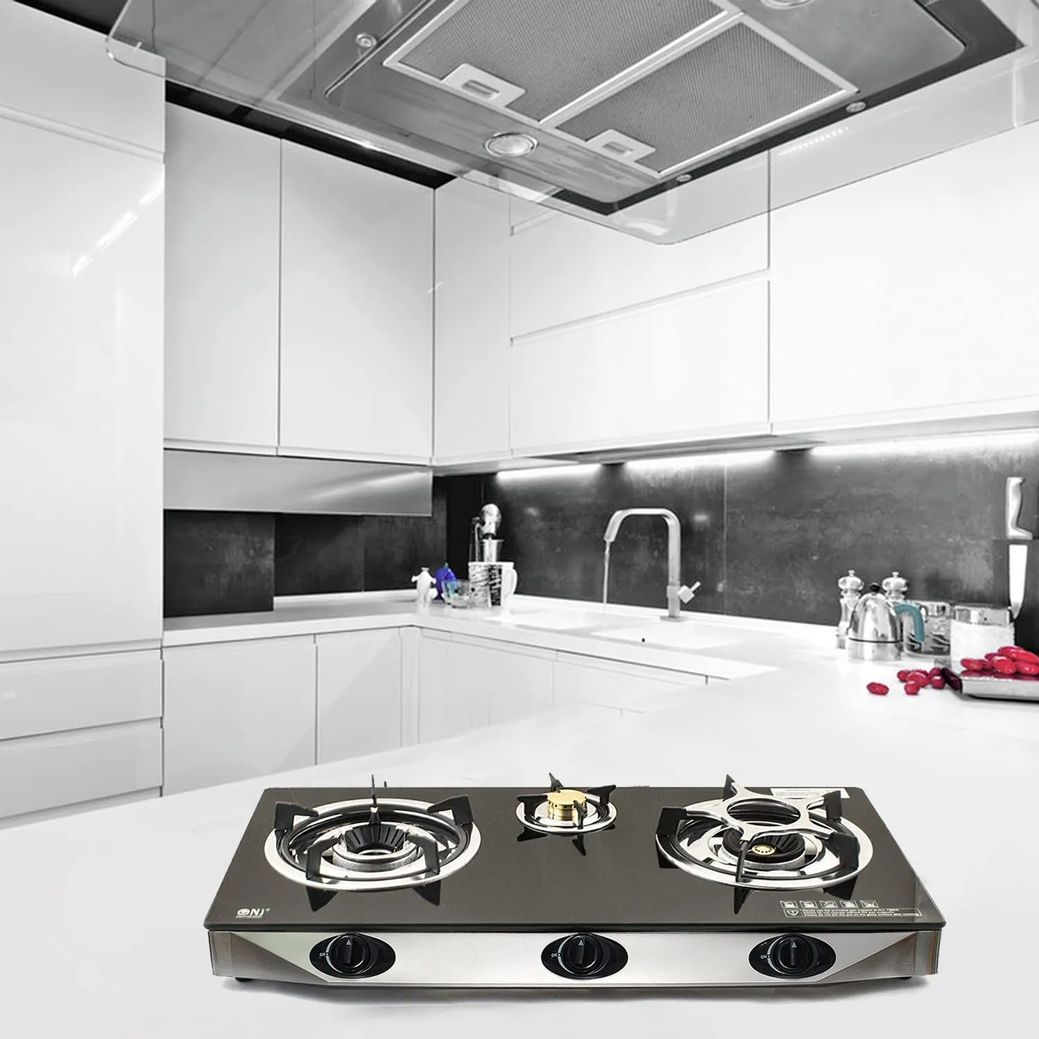 NJ NGB-S3 Black Glass 3 Burners Gas Stove