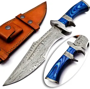 Nooraki - 15″ Damascus Bowie Knife with Sheath | Hand Made Hunting Knife - Fixed Blade Long Bowie Knives - Ideal for Survival,Chopping, Camping, Outdoor Gift for Men |Tactical Knife Wood Handle