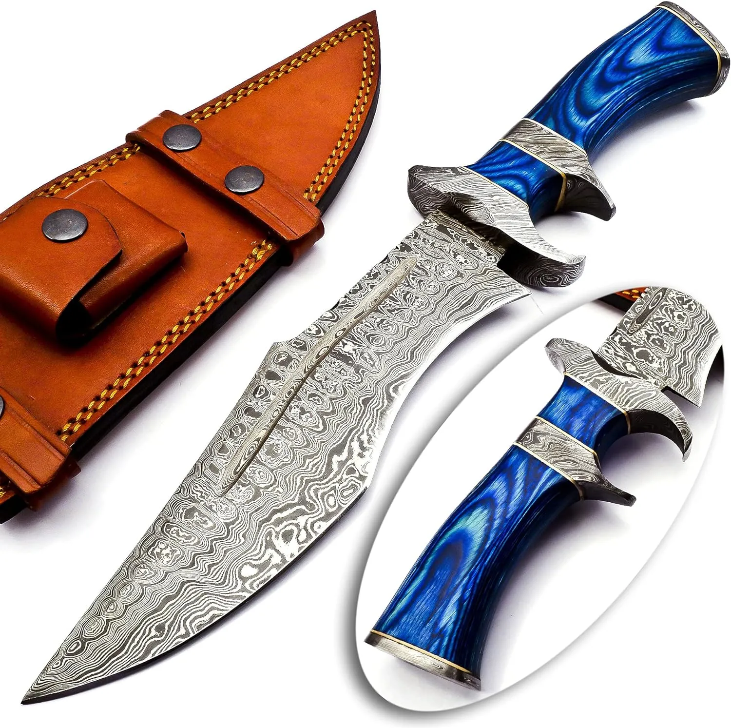 Nooraki - 15″ Damascus Bowie Knife with Sheath | Hand Made Hunting Knife - Fixed Blade Long Bowie Knives - Ideal for Survival,Chopping, Camping, Outdoor Gift for Men |Tactical Knife Wood Handle