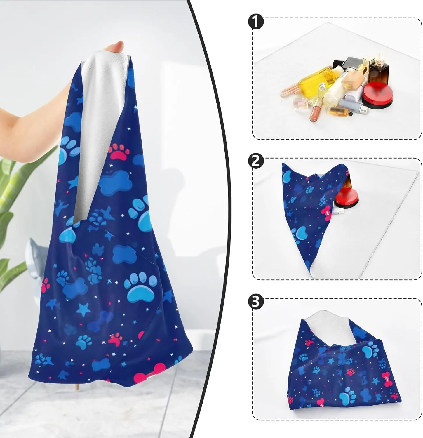 ODAWA Cute Paw and Bone Navy Self Adhesive Cloth 21.7X21.7 Inch Changeable Capacity Cosmetic Bag Lightweight Foldable Wrapper for Camera Accessories