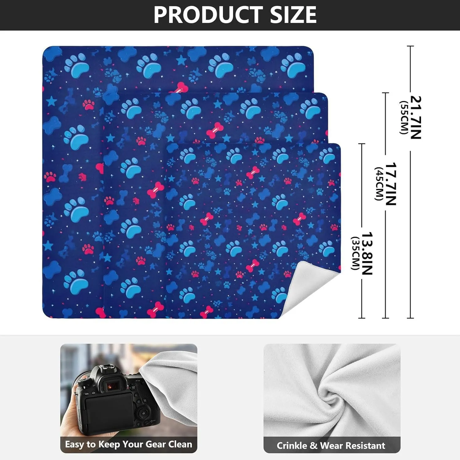 ODAWA Cute Paw and Bone Navy Self Adhesive Cloth 21.7X21.7 Inch Changeable Capacity Cosmetic Bag Lightweight Foldable Wrapper for Camera Accessories