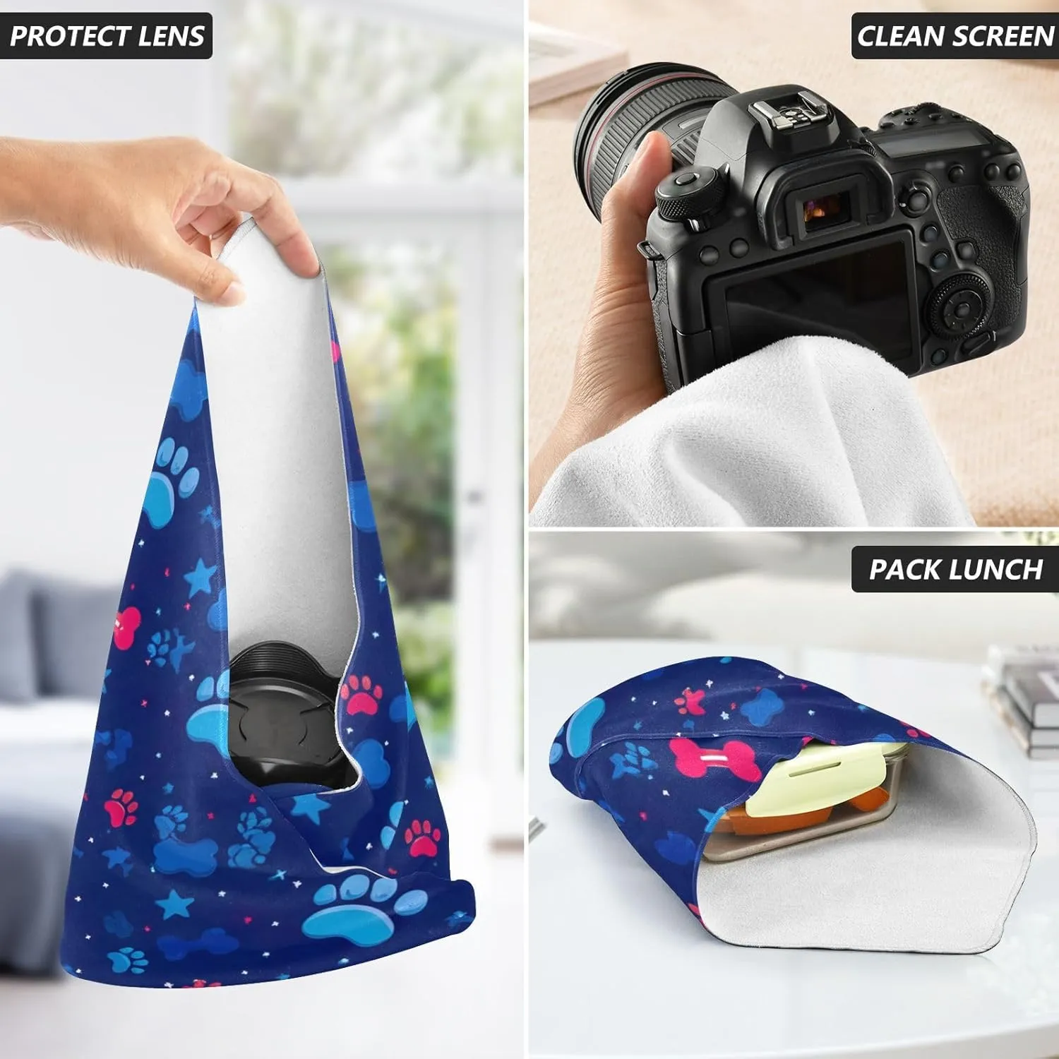 ODAWA Cute Paw and Bone Navy Self Adhesive Cloth 21.7X21.7 Inch Changeable Capacity Cosmetic Bag Lightweight Foldable Wrapper for Camera Accessories