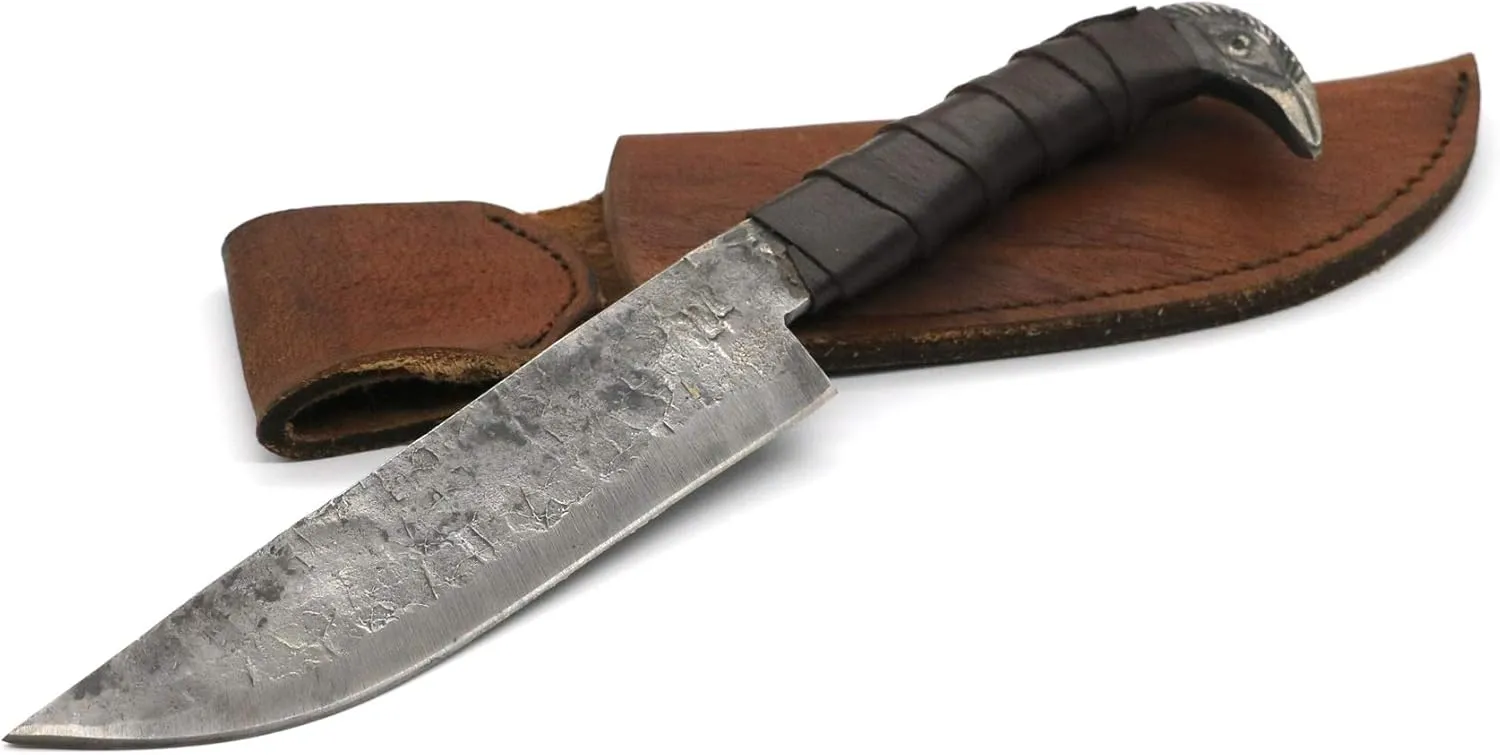 Odin's Raven Norse Viking-styled Knife 10.3" - Hand Forged 6.5" Carbon Steel Blade, Raven's Head Hilt and Leather Sheath - Unique Medieval Seax Style - Norse Knife for Hunting & Camping