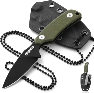 Omesio Compact Neck Knife with Sheath and Necklace, D2 Steel 2.99-Inch Blade, Full Tang G10 Handle, Fixed Blade for EDC, Hiking, Camping (Black Blade   Green Handle)