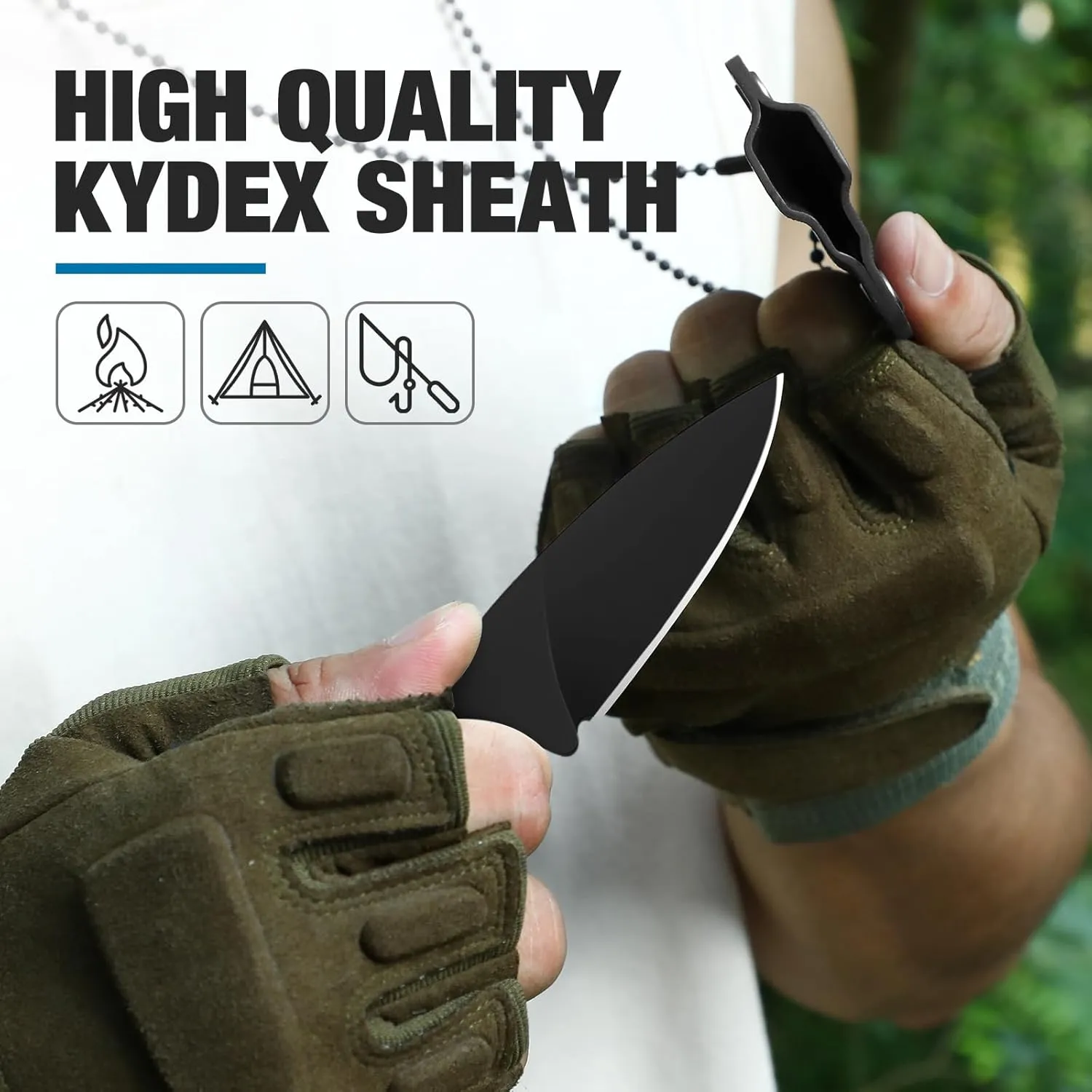 Omesio Compact Neck Knife with Sheath and Necklace, D2 Steel 2.99-Inch Blade, Full Tang G10 Handle, Fixed Blade for EDC, Hiking, Camping (Black Blade   Green Handle)