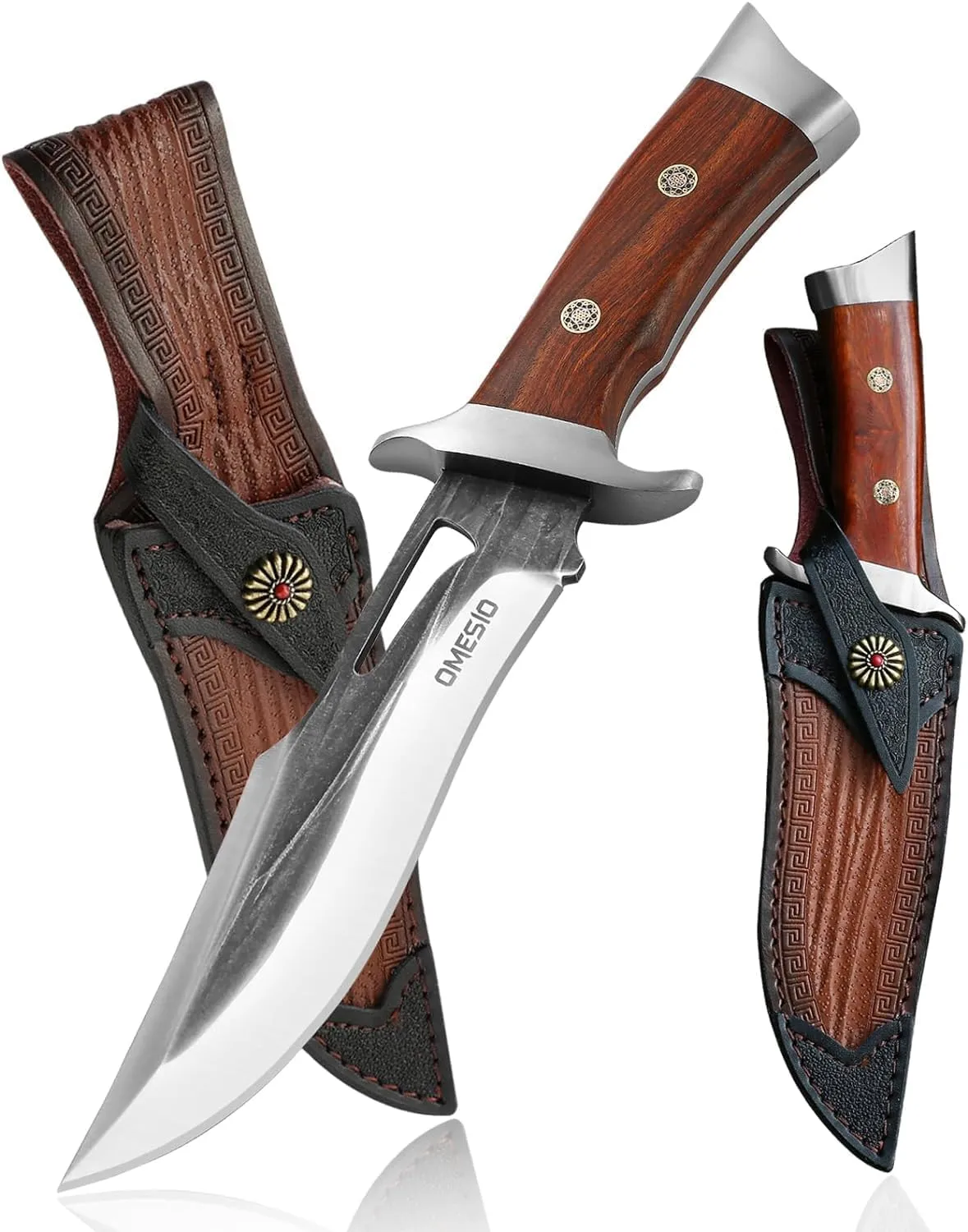 Omesio Fixed Blade Knife with Sheath, 11.22'' Full Tang Survival Hunting Knives for Men, 5.7" Large AST Mold Steel Blade Wood Handle Camping Knife for Hiking, Bushcraft, Outdoor