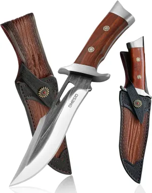 Omesio Fixed Blade Knife with Sheath, 11.22'' Full Tang Survival Hunting Knives for Men, 5.7" Large AST Mold Steel Blade Wood Handle Camping Knife for Hiking, Bushcraft, Outdoor