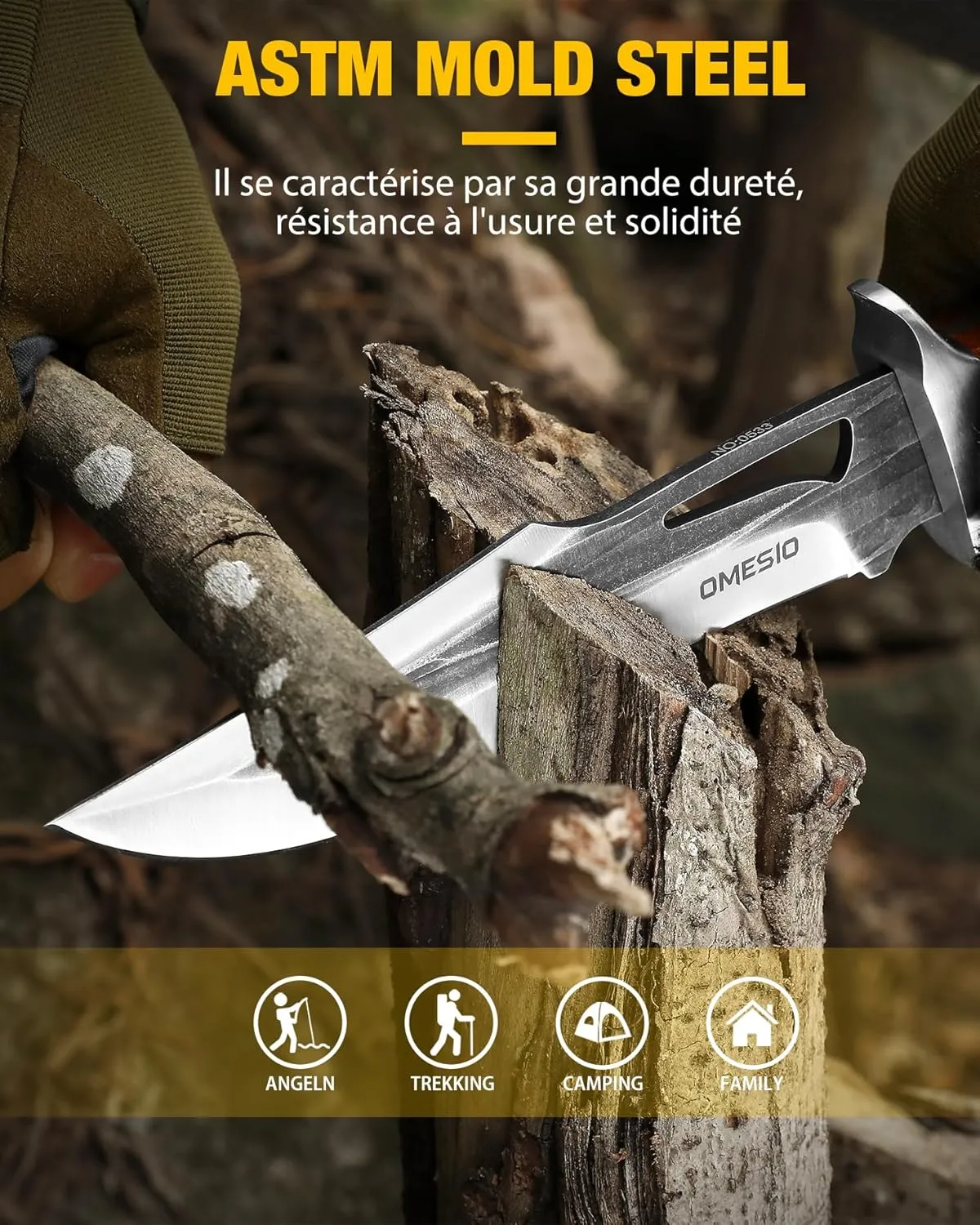 Omesio Fixed Blade Knife with Sheath, 11.22'' Full Tang Survival Hunting Knives for Men, 5.7" Large AST Mold Steel Blade Wood Handle Camping Knife for Hiking, Bushcraft, Outdoor
