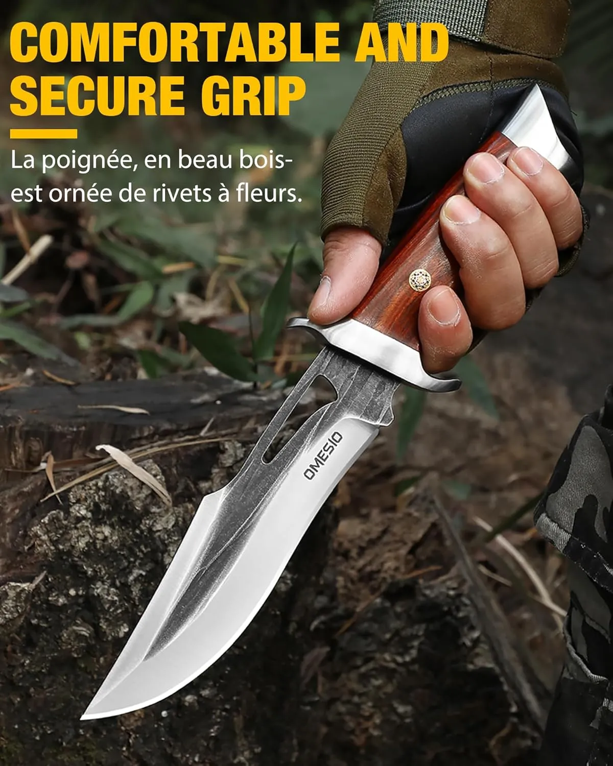 Omesio Fixed Blade Knife with Sheath, 11.22'' Full Tang Survival Hunting Knives for Men, 5.7" Large AST Mold Steel Blade Wood Handle Camping Knife for Hiking, Bushcraft, Outdoor