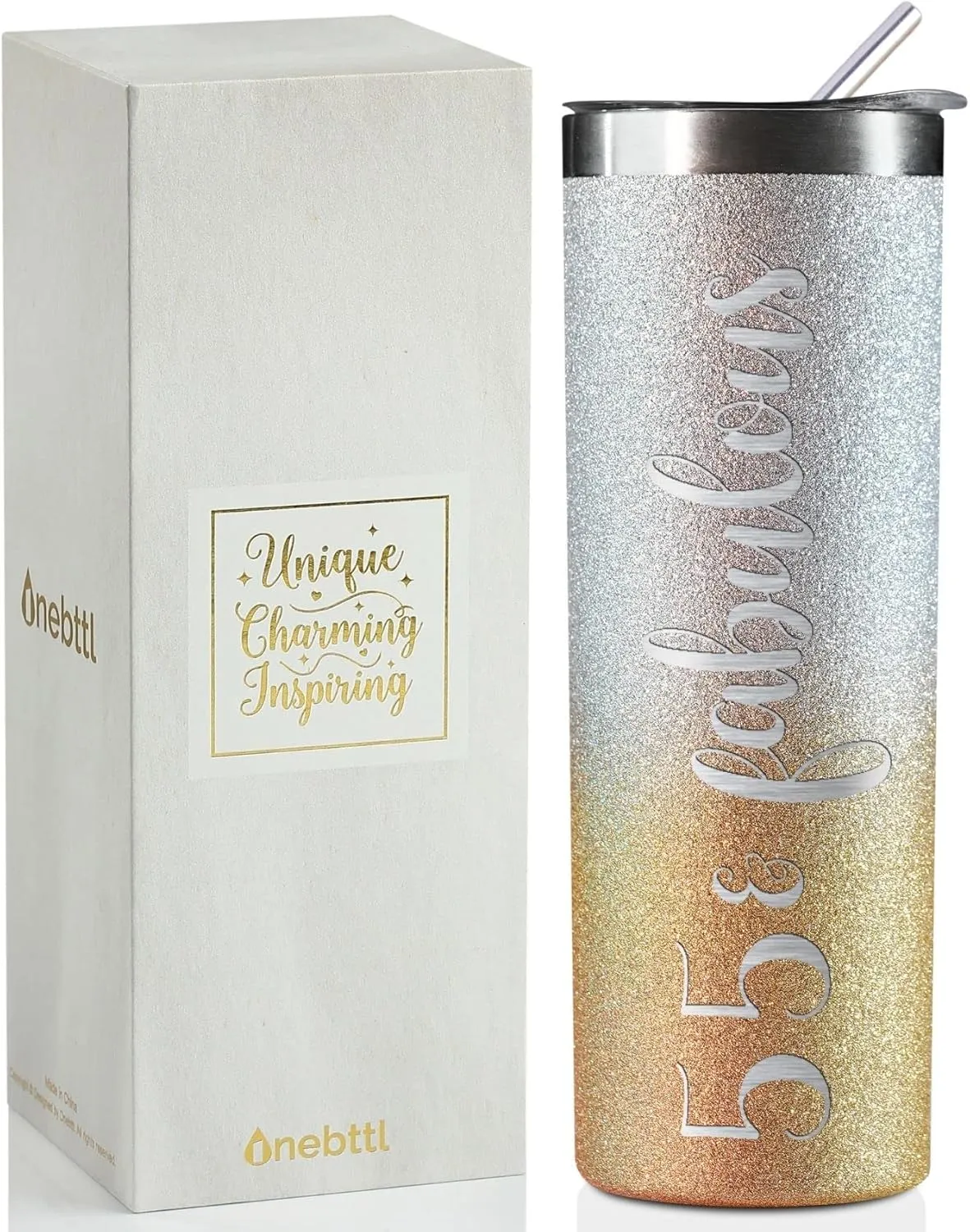 Onebttl 55th Birthday Gifts for Women, 55 & Fabulous, 20 Oz Insulated Stainless Steel Skinny Wine Tumbler for Mom, Best Friend, Sister, Aunt, Wife, Coworkers, Glitter Silver & Gold