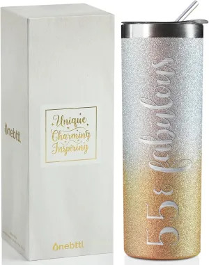 Onebttl 55th Birthday Gifts for Women, 55 & Fabulous, 20 Oz Insulated Stainless Steel Skinny Wine Tumbler for Mom, Best Friend, Sister, Aunt, Wife, Coworkers, Glitter Silver & Gold
