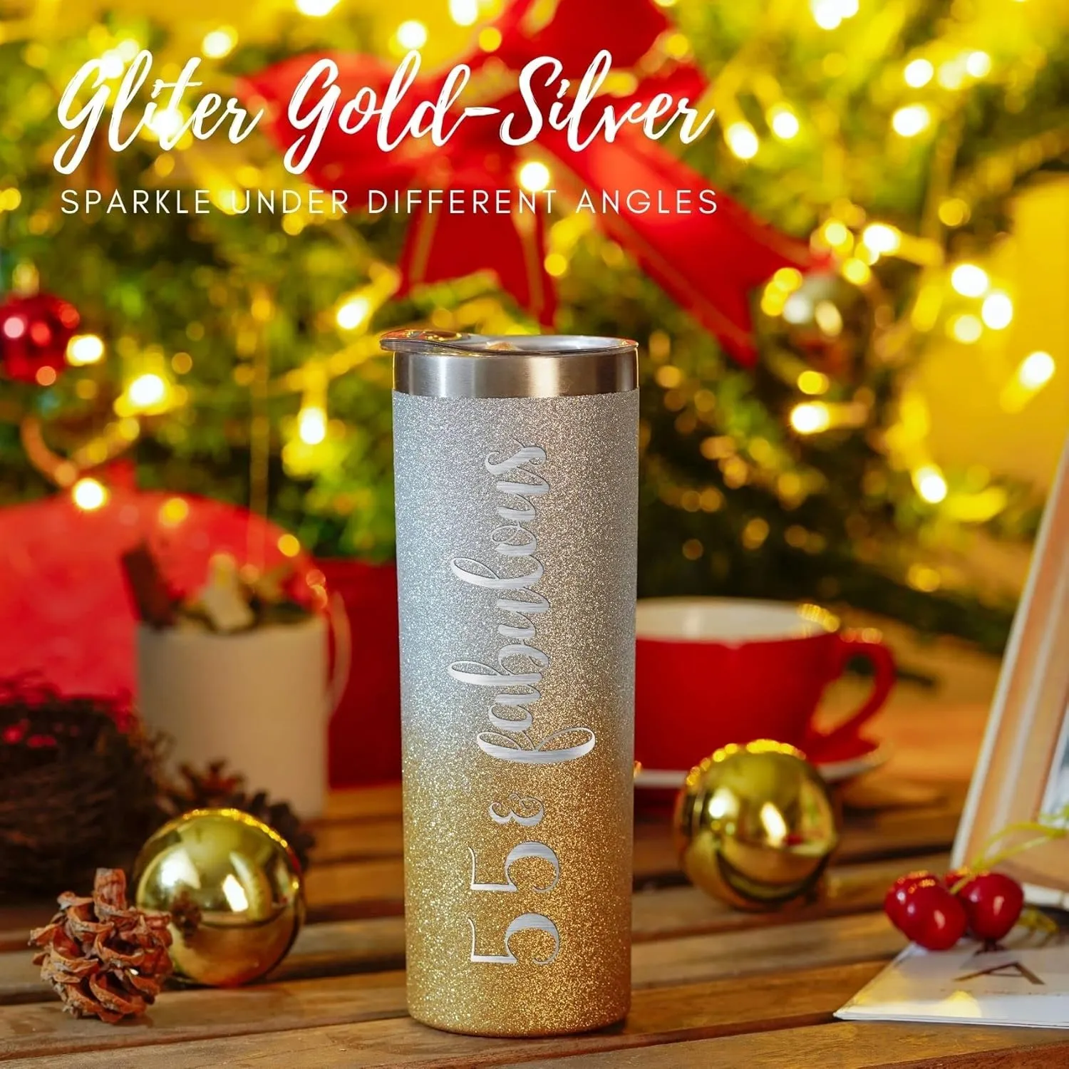 Onebttl 55th Birthday Gifts for Women, 55 & Fabulous, 20 Oz Insulated Stainless Steel Skinny Wine Tumbler for Mom, Best Friend, Sister, Aunt, Wife, Coworkers, Glitter Silver & Gold