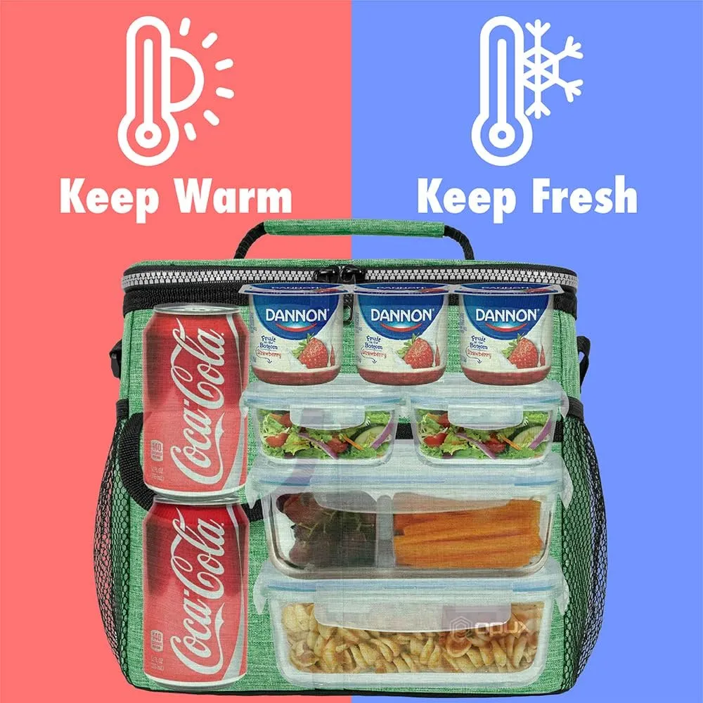 opux Insulated Lunch Bag for Men Women, Leakproof Heather Green Lunch Box for Work, Portable Soft Lunch Cooler Bag with Shoulder Strap, Adult Lunchbox Lunch Pail for Kid Boy Girl School, 18 Can/10L