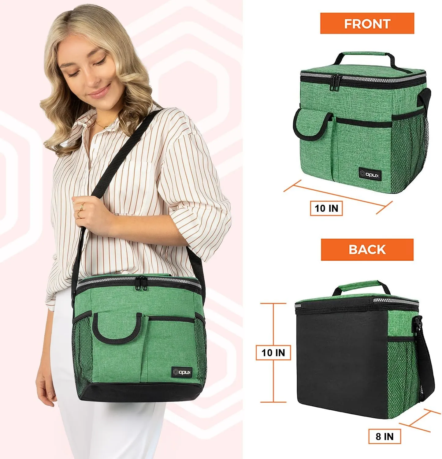 opux Insulated Lunch Bag for Men Women, Leakproof Heather Green Lunch Box for Work, Portable Soft Lunch Cooler Bag with Shoulder Strap, Adult Lunchbox Lunch Pail for Kid Boy Girl School, 18 Can/10L