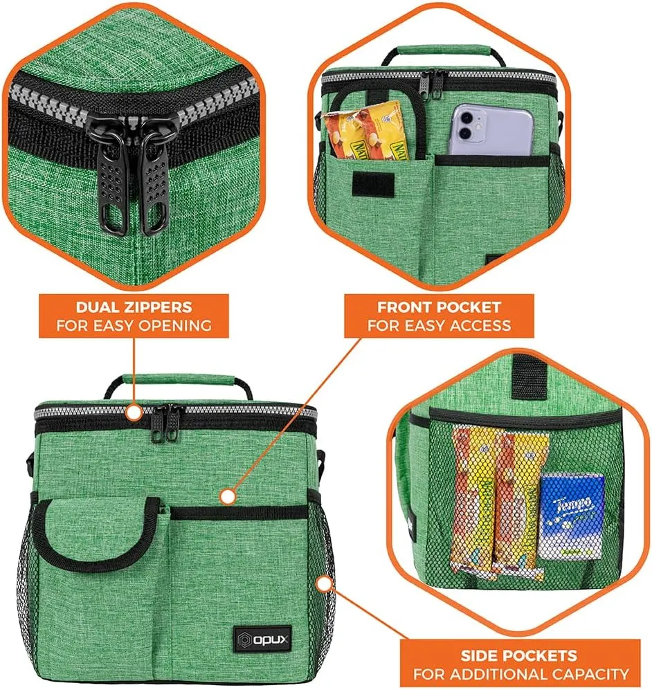 opux Insulated Lunch Bag for Men Women, Leakproof Heather Green Lunch Box for Work, Portable Soft Lunch Cooler Bag with Shoulder Strap, Adult Lunchbox Lunch Pail for Kid Boy Girl School, 18 Can/10L