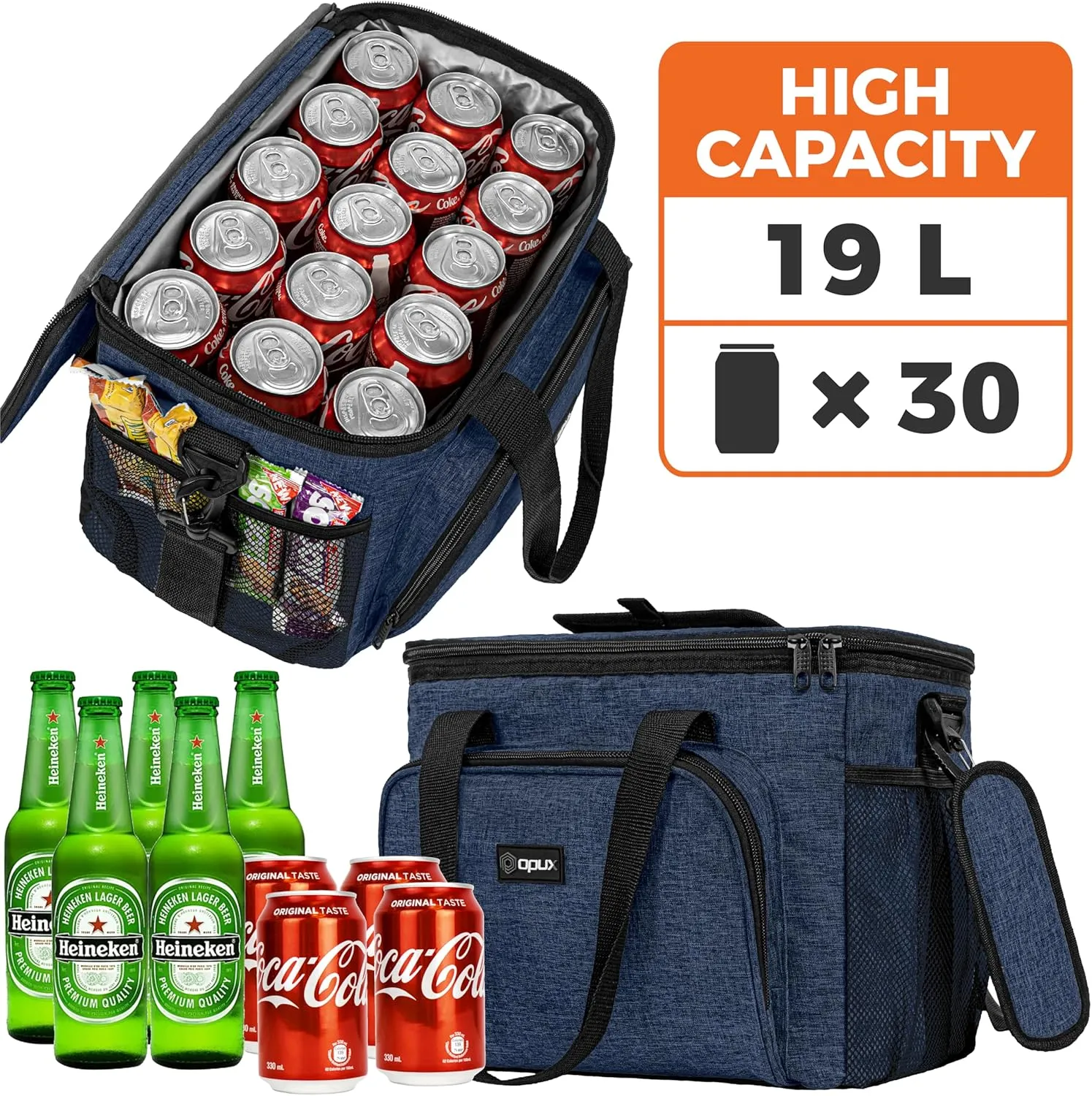 OPUX Soft Cooler Bag, Insulated Collapsible Lunch Cooler Tote for Men Work Camping Beach Travel, Portable Soft Sided Leakproof Waterproof Large Lunch Bag Box with Shoulder Strap 30 Cans, Heather Navy