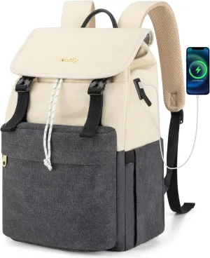 Orvilly Vintage Canvas Laptop Backpack for Women,15.6" Laptop College Rucksack with USB/Type-C Charging Port,Fashion Lightweight Bookbag Hiking Casual Daypack Backpacks for Travel Work（Black & Beige）