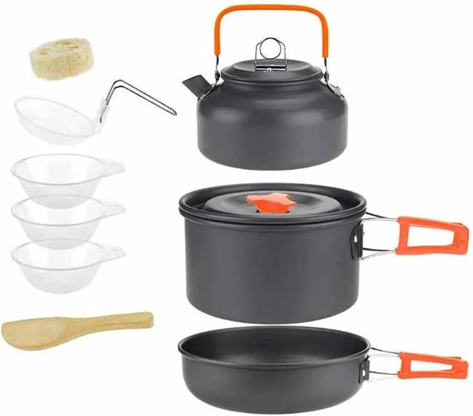 Outdoor Camping Cooking Set Pan Pot Bowl Kettle Foldable Cookware Kit Aluminum Travel Picnic Hiking Tableware Tools(A)