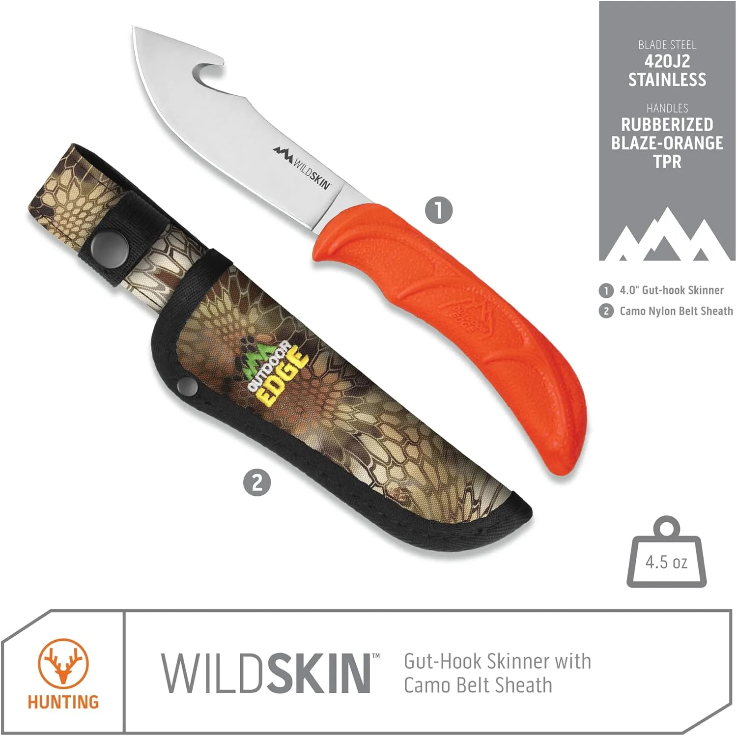 OUTDOOR EDGE WildSkin - 4.0" Fixed Blade Gut-Hook Skinning Knife for Big Game Hunting with Camo Nylon Belt Sheath