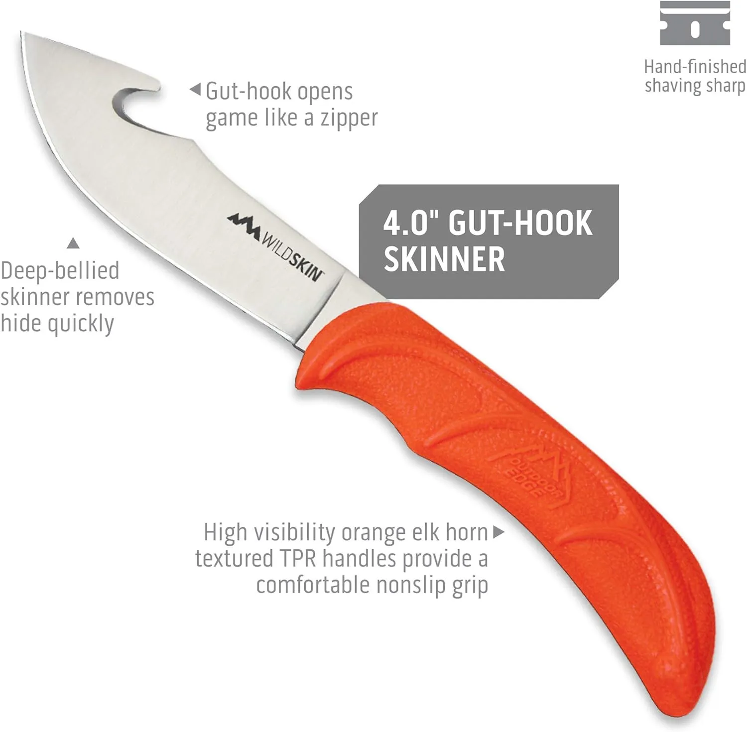 OUTDOOR EDGE WildSkin - 4.0" Fixed Blade Gut-Hook Skinning Knife for Big Game Hunting with Camo Nylon Belt Sheath
