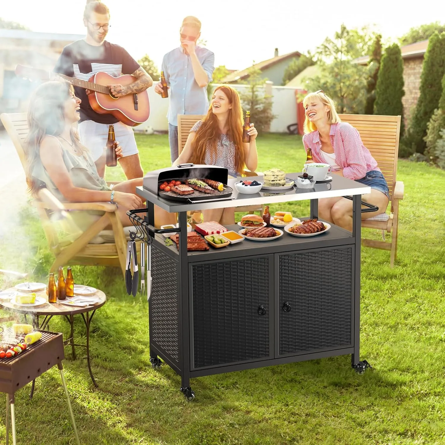 Outdoor Storage Cabinet, Patio Bar Tables with Wheels, Kitchen Island Cart with Stainless Steel Top for BBQ, Patio, Backyard