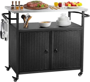 Outdoor Storage Cabinet, Patio Bar Tables with Wheels, Kitchen Island Cart with Stainless Steel Top for BBQ, Patio, Backyard