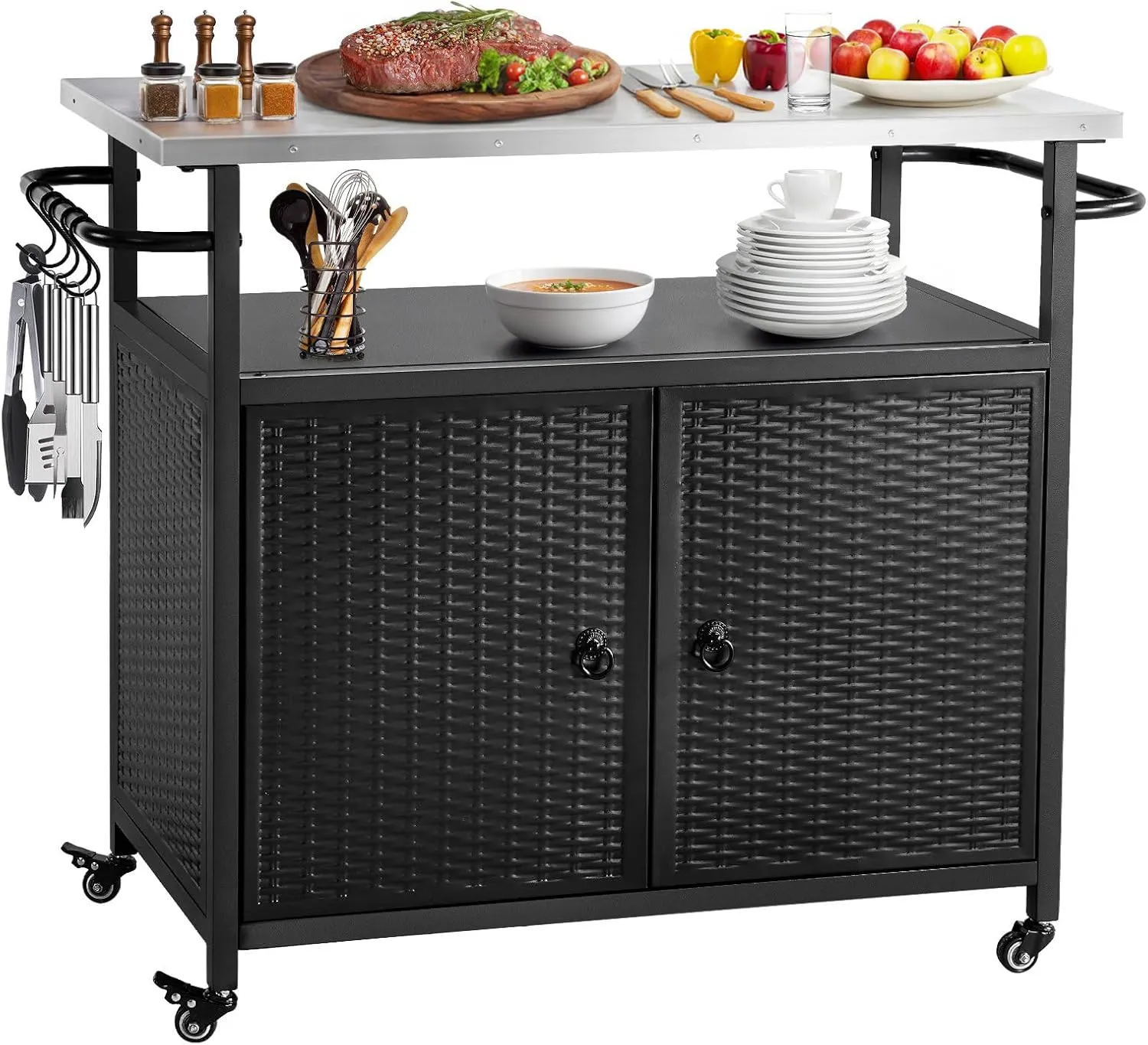 Outdoor Storage Cabinet, Patio Bar Tables with Wheels, Kitchen Island Cart with Stainless Steel Top for BBQ, Patio, Backyard