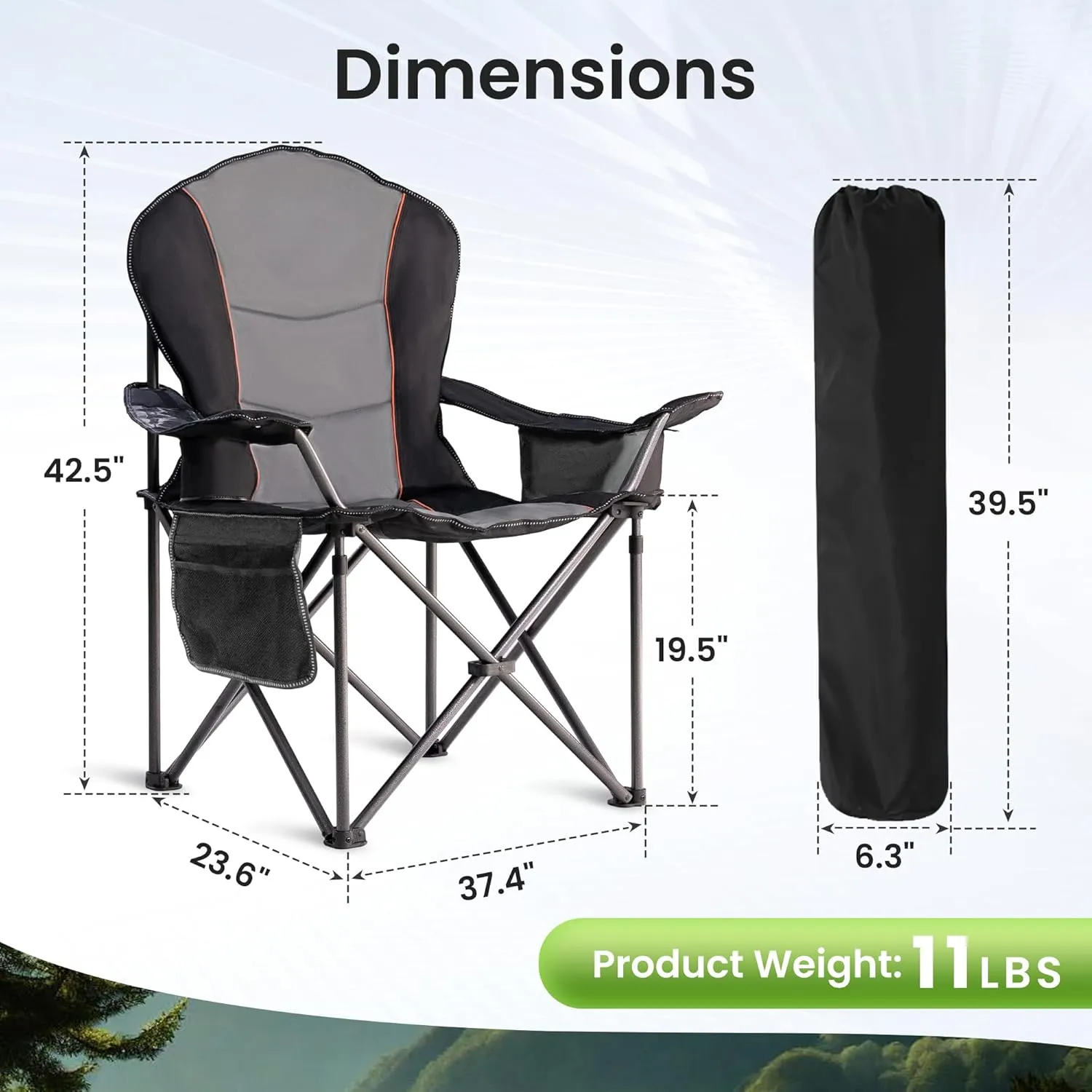 Oversized Camping Chair Heavy Duty 500LB - Portable Folding Chair with Cooler Bag, Cup Holder & Waterproof Phone Case for Adults, Beach, Hiking, Backyard (Black & Gray)