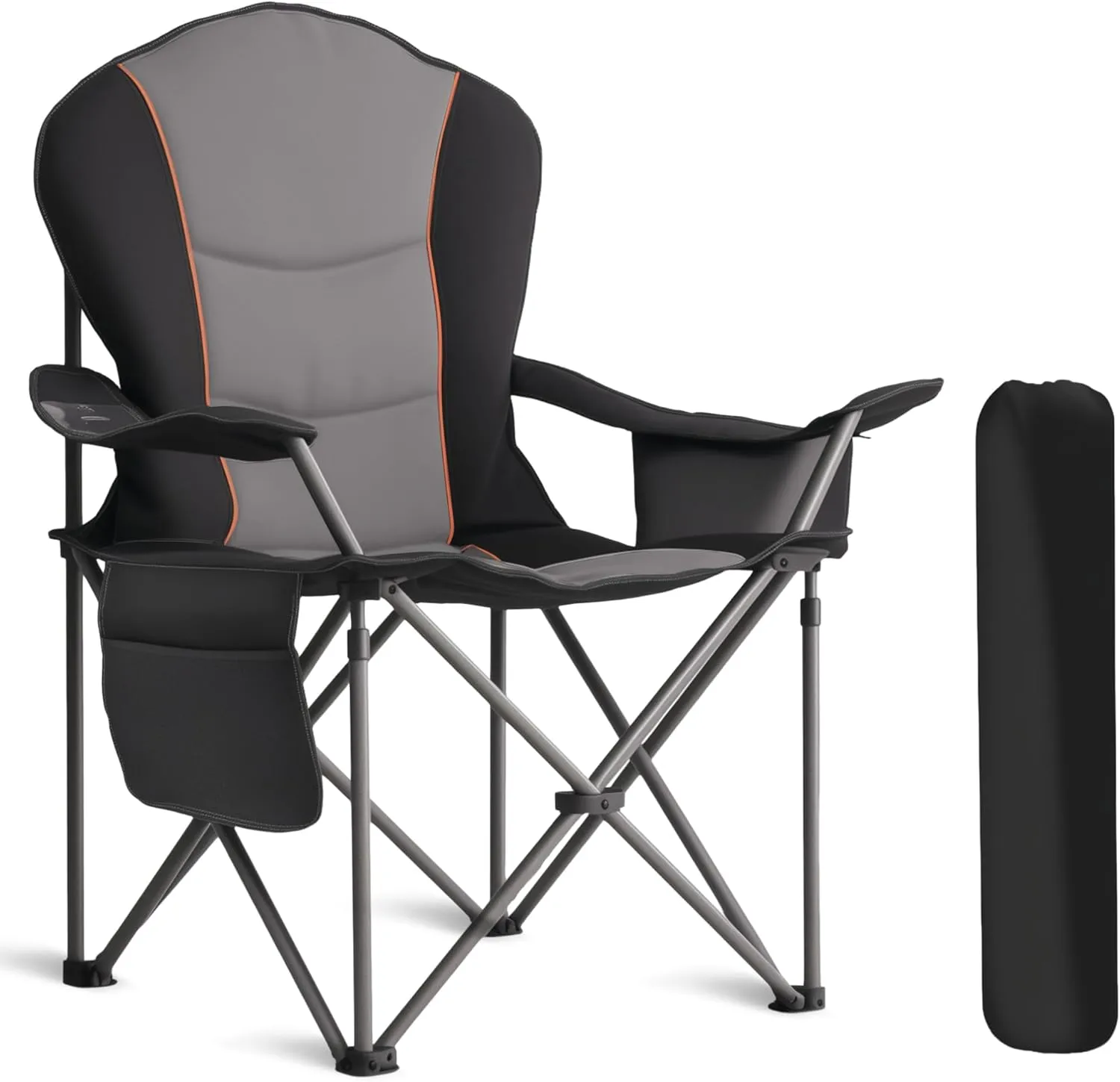 Oversized Camping Chair Heavy Duty 500LB - Portable Folding Chair with Cooler Bag, Cup Holder & Waterproof Phone Case for Adults, Beach, Hiking, Backyard (Black & Gray)