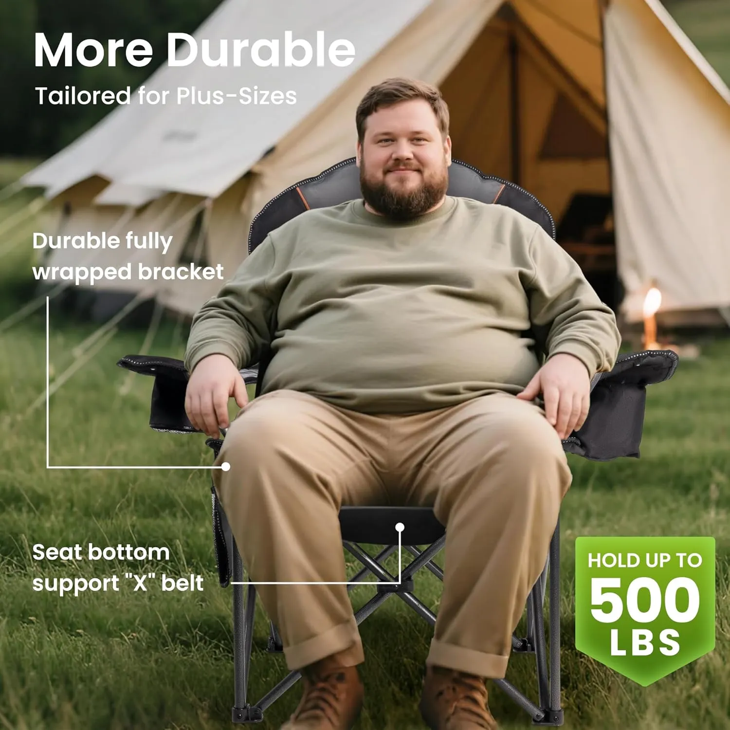 Oversized Camping Chair Heavy Duty 500LB - Portable Folding Chair with Cooler Bag, Cup Holder & Waterproof Phone Case for Adults, Beach, Hiking, Backyard (Black & Gray)