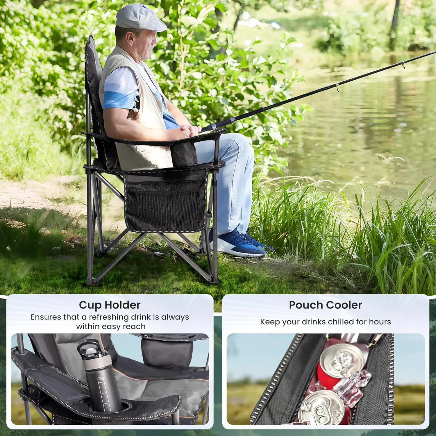 Oversized Camping Chair Heavy Duty 500LB - Portable Folding Chair with Cooler Bag, Cup Holder & Waterproof Phone Case for Adults, Beach, Hiking, Backyard (Black & Gray)