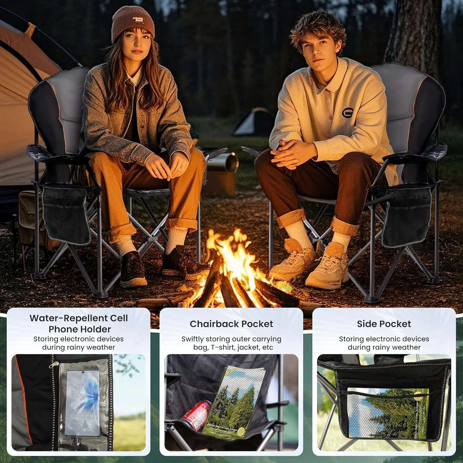 Oversized Camping Chair Heavy Duty 500LB - Portable Folding Chair with Cooler Bag, Cup Holder & Waterproof Phone Case for Adults, Beach, Hiking, Backyard (Black & Gray)