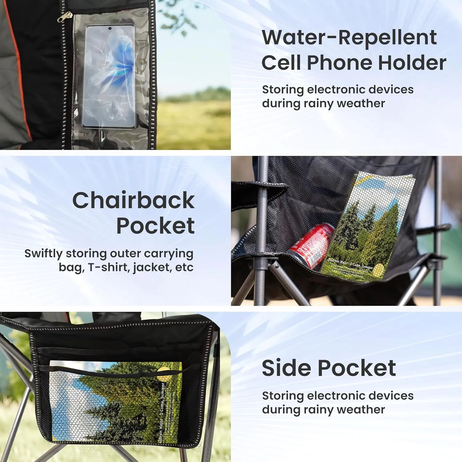 Oversized Camping Chair Heavy Duty 500LB - Portable Folding Chair with Cooler Bag, Cup Holder & Waterproof Phone Case for Adults, Beach, Hiking, Backyard (Black & Gray)