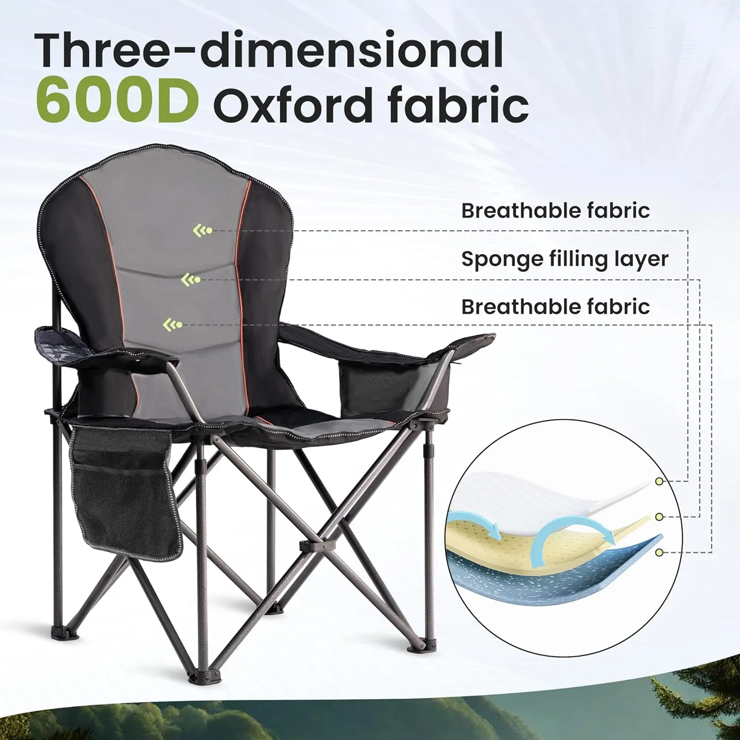 Oversized Camping Chair Heavy Duty 500LB - Portable Folding Chair with Cooler Bag, Cup Holder & Waterproof Phone Case for Adults, Beach, Hiking, Backyard (Black & Gray)