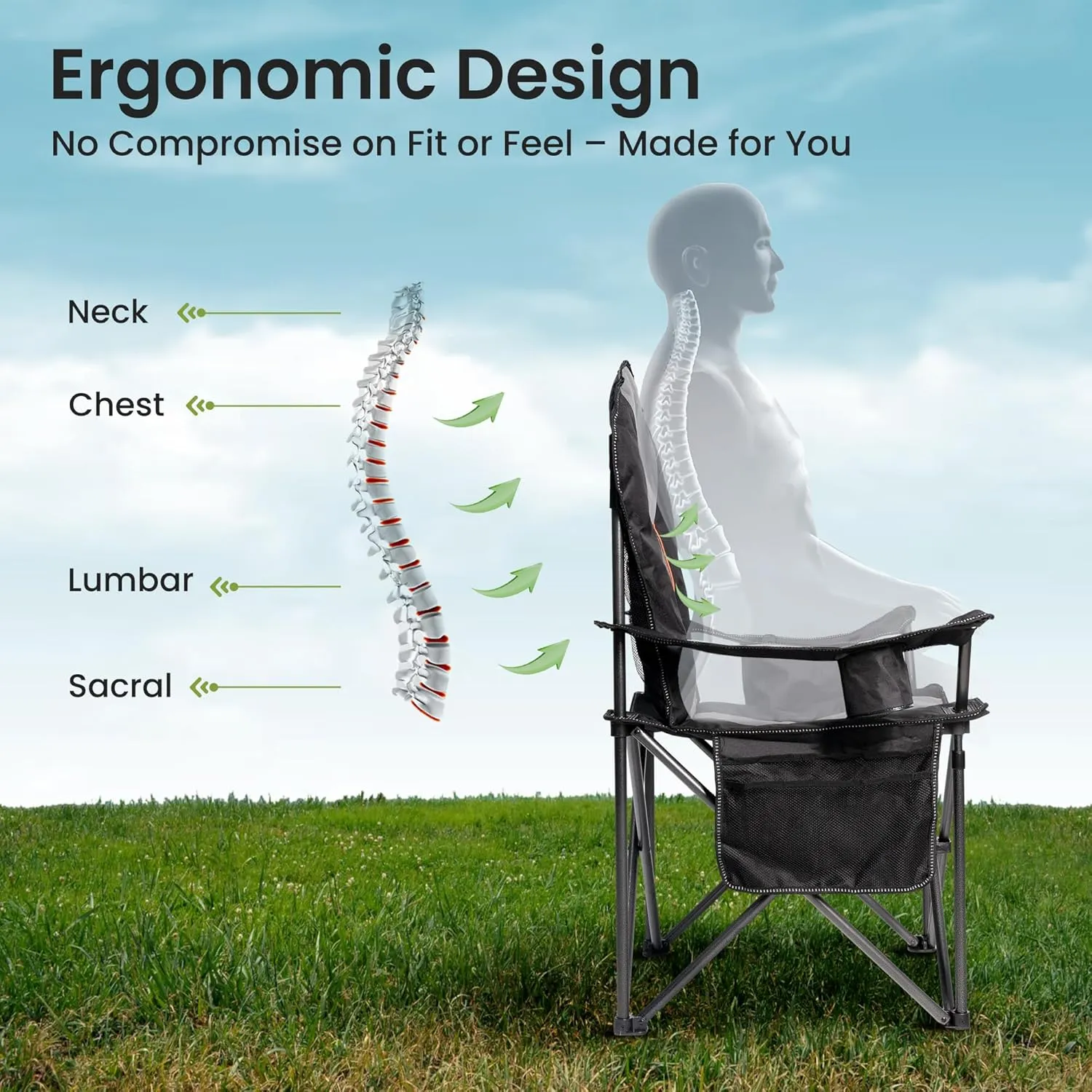 Oversized Camping Chair Heavy Duty 500LB - Portable Folding Chair with Cooler Bag, Cup Holder & Waterproof Phone Case for Adults, Beach, Hiking, Backyard (Black & Gray)