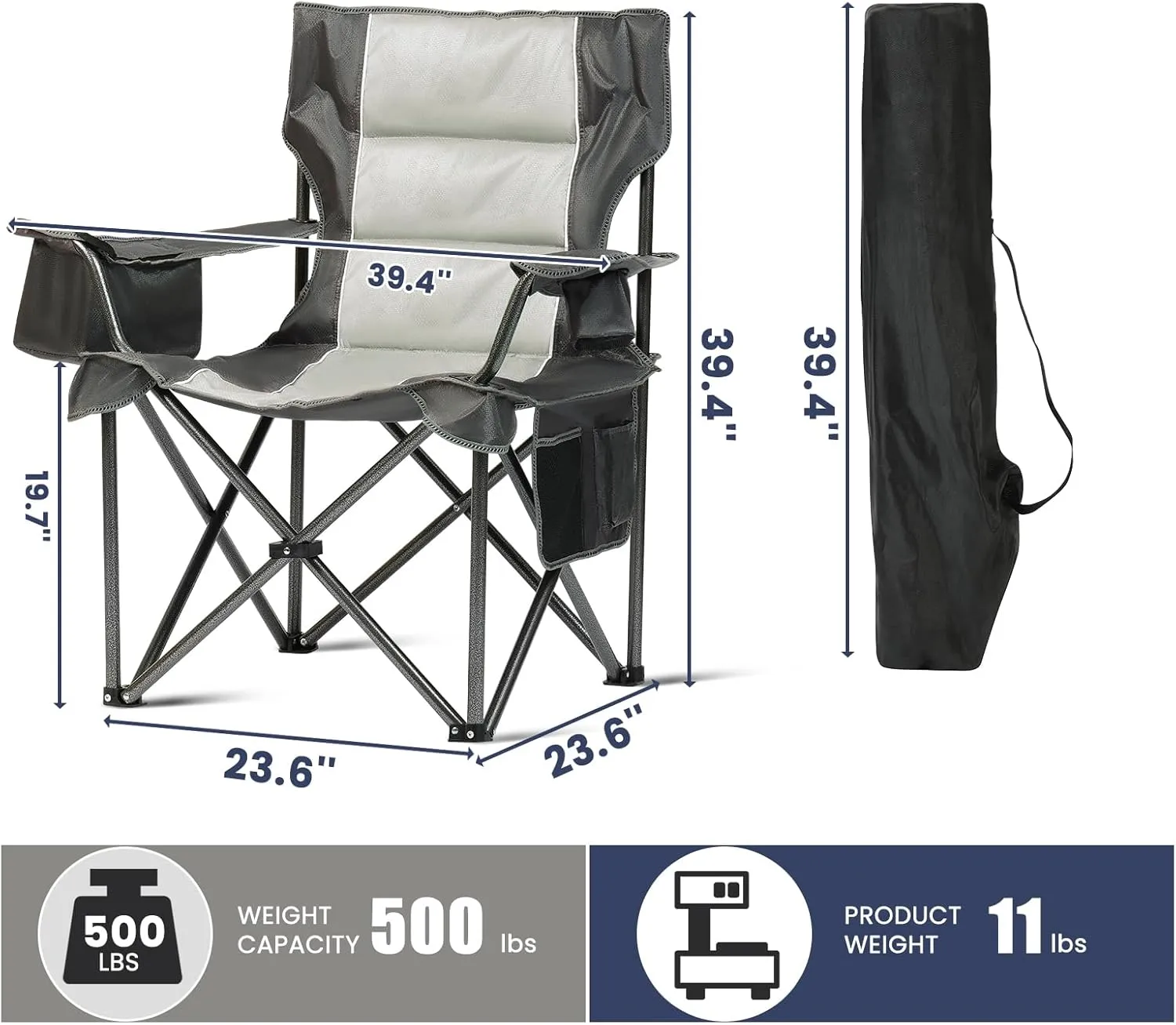 Oversized Folding Camping Chairs 2 Pack, 500lbs Heavy Duty Foldable Chairs for Outside, Outdoor Lawn Chairs for Adults, Portable Chairs for The Beach, Hiking, Fishing (2, Gray)