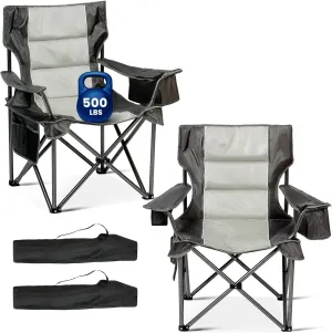 Oversized Folding Camping Chairs 2 Pack, 500lbs Heavy Duty Foldable Chairs for Outside, Outdoor Lawn Chairs for Adults, Portable Chairs for The Beach, Hiking, Fishing (2, Gray)