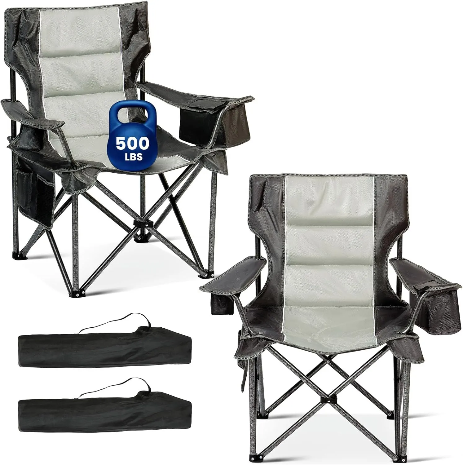 Oversized Folding Camping Chairs 2 Pack, 500lbs Heavy Duty Foldable Chairs for Outside, Outdoor Lawn Chairs for Adults, Portable Chairs for The Beach, Hiking, Fishing (2, Gray)